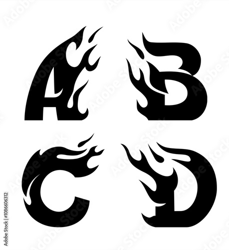 Fire Letters Design, A B C D, black ink silhouette initials tattoo