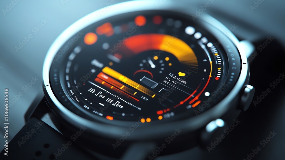 Close-up of a modern smartwatch with a digital display showing heart rate and other fitness metrics. Close-up of a modern smartwatch with a digital display showing heart rate and other fitness metrics.