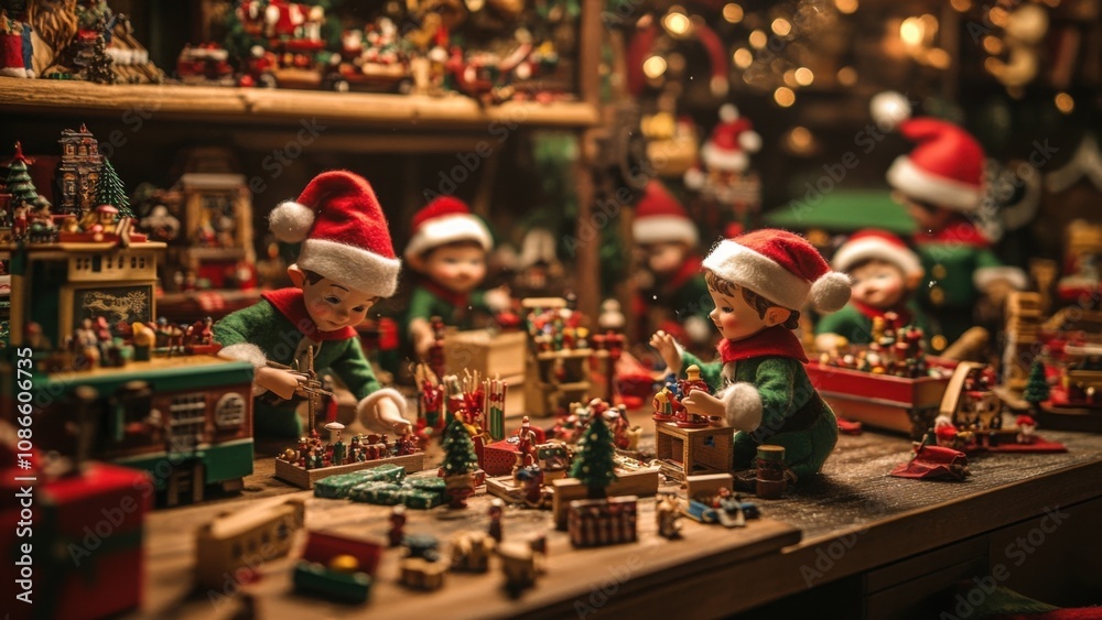 Fototapeta premium Festive Workshop with Christmas Elves and Miniature Decorations