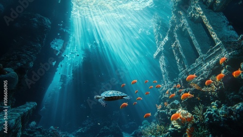 Underwater scene with turtle swimming among vibrant fishes in ruins