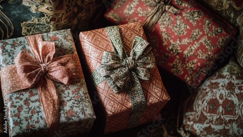 Decoratively wrapped gifts with fabric bows