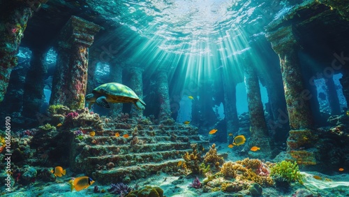 Underwater Ancient Ruins with Marine Life