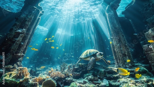 Underwater Scene with Sea Turtle and Fish among Ruins