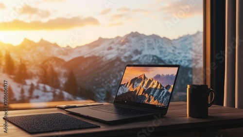 Laptop on table with mountain sunset view through window