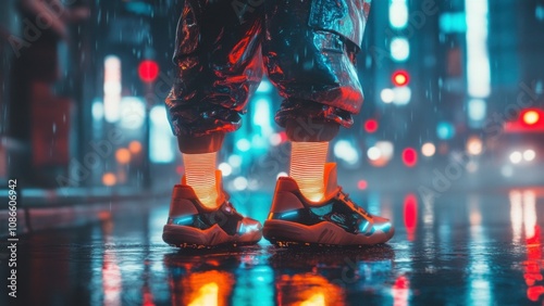 Futuristic sneakers with glowing socks in a neon-lit urban environment