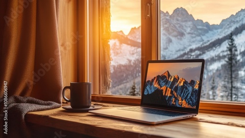 Cozy workspace with laptop and mug overlooking snowy mountains