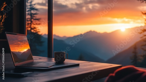 Laptop on a wooden table with a sunset view over mountains