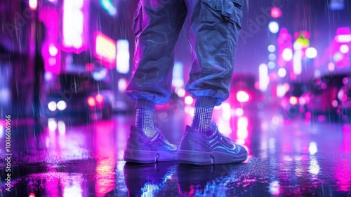 Person standing on wet neon-lit city street in rainy night