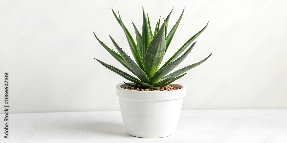 Full view of an agave plant in a simple white planter on a white background, plant arrangement, minimalist style, modern decor, clean look, agave plant Full view of an agave plant in a simple white planter on a white background, plant arrangement, minimalist style, modern decor, clean look, agave plant