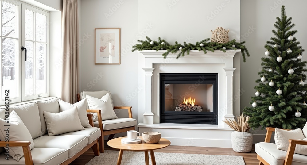 Fototapeta premium A serene winter living room with light wood furniture, neutral textiles, corner fireplace, eucalyptus garland, and a silver bauble tree. Snow gently falls outside. 