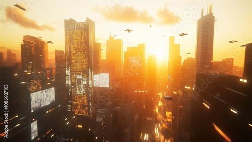 Futuristic cityscape with flying vehicles at sunset