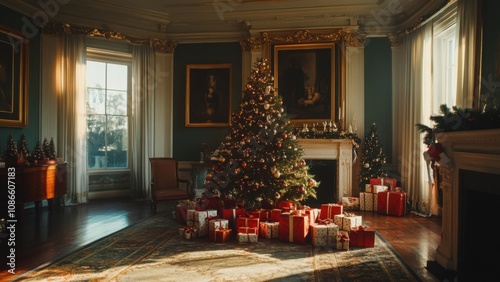 Elegant Christmas Room with Decorated Tree and Gifts