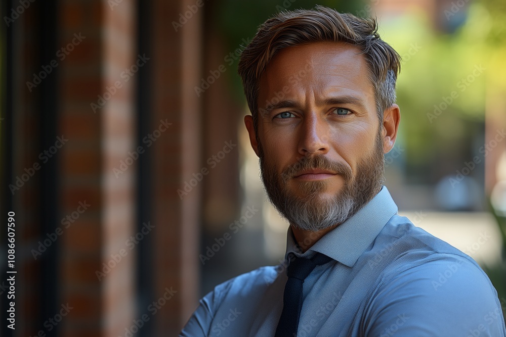 Confident Businessman in Urban Setting Staring Intently at Camera, Wearing Formal Attire with Neat Beard and Hairstyle, Portraying Professional Determination and Leadership in an Office Environment