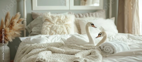 Elegant Bedroom Decor Featuring Towel Swans on Bed photo