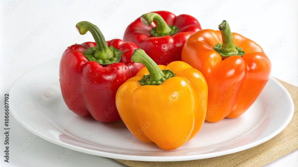 Group of ripe sweet and hot peppers displayed on a white plate or tray, decoration, color, produce, pepper
