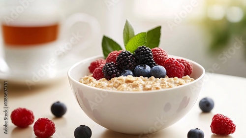 Serene Morning Breakfast: Mindful Oatmeal with Berries and Tea for Balanced Nutrition