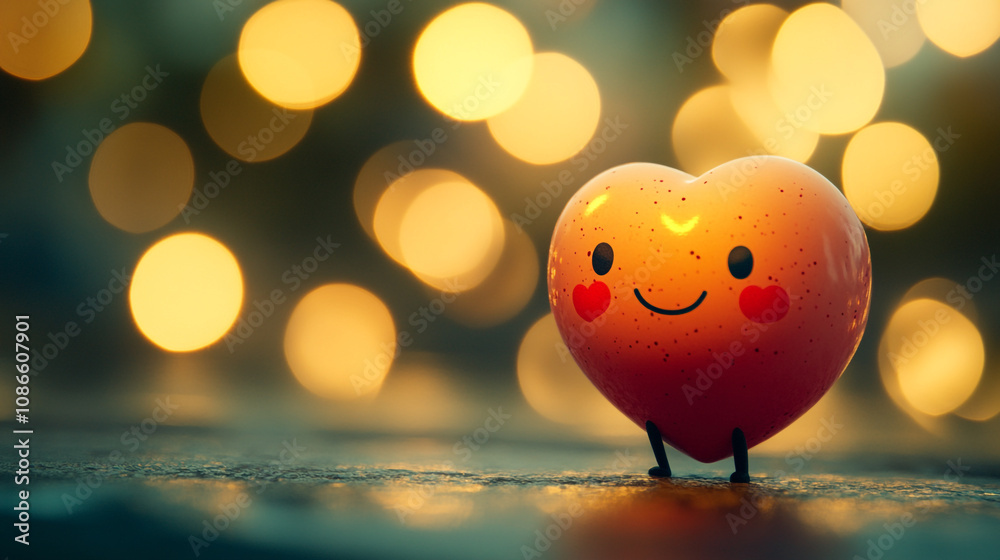 Cute smiling heart decoration with bokeh lights for Valentine's Day celebration at night