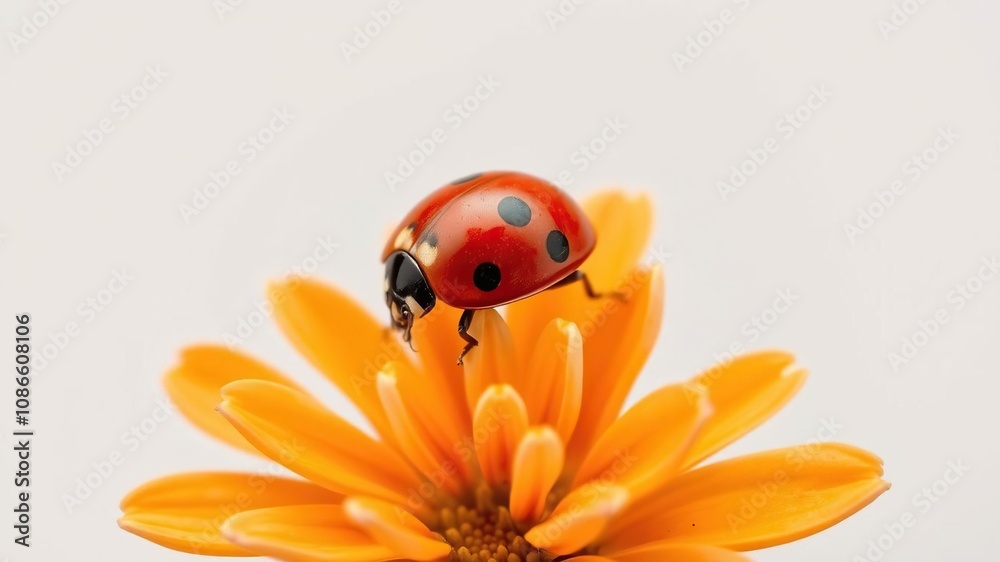 Ladybug perched on a pale orange flower with white and green markings in a light gray background, calming, urbanlovers, serene Ladybug perched on a pale orange flower with white and green markings in a light gray background, calming, urbanlovers, serene