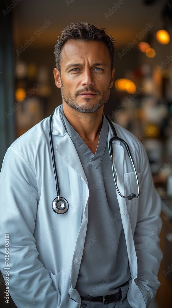 Fototapeta premium Confident Male Doctor in White Lab Coat with Stethoscope Gaining Trust in a Professional Environment