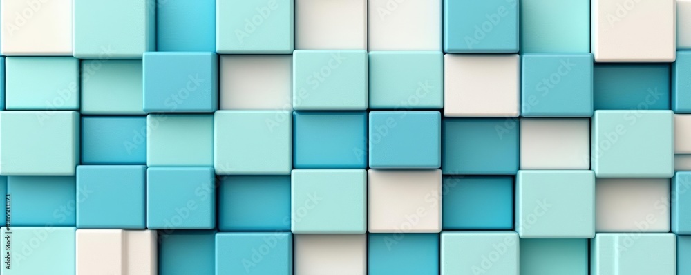 Blue and turquoise cubes in varying sizes, arranged in a grid-like structure, minimalistic 3D composition, clean lines, high-tech look Blue and turquoise cubes in varying sizes, arranged in a grid-like structure, minimalistic 3D composition, clean lines, high-tech look