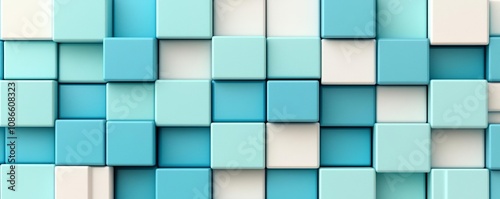 Blue and turquoise cubes in varying sizes, arranged in a grid-like structure, minimalistic 3D composition, clean lines, high-tech look