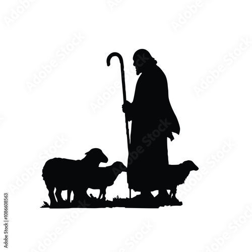 A man is leading a group of sheep. The man is holding a staff