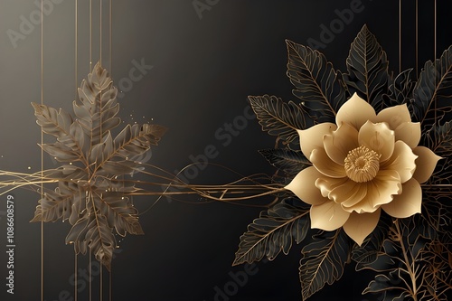 A captivating banner featuring a luxurious minimal style wallpaper, where golden line art flowers cascade gracefully over abstract watercolor swirls, creating a harmonious composition photo