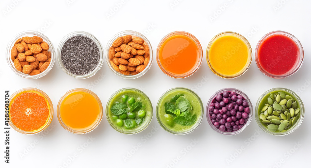 A smoothie bar setup with a variety of colorful plant-based smoothies, bowls of fresh fruit, and jars of nuts and seeds A smoothie bar setup with a variety of colorful plant-based smoothies, bowls of fresh fruit, and jars of nuts and seeds