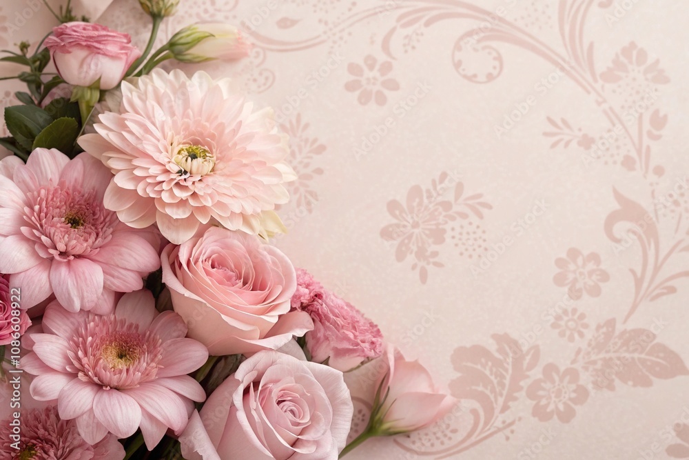 Pastel pink flowers surround a soft, blush-colored wallpaper with delicate floral patterns and subtle texture details, soft texture, pink flowers, elegant design, serene decor