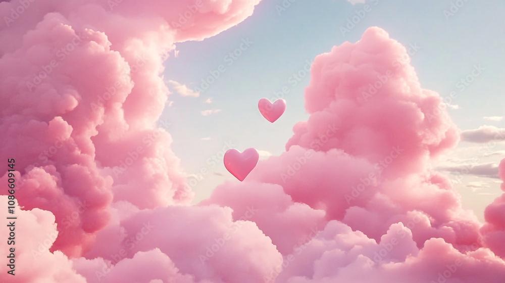Romantic pink clouds with heart shapes floating on Valentine's Day at sunset Romantic pink clouds with heart shapes floating on Valentine's Day at sunset