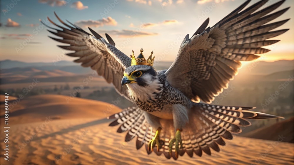A majestic falcon wearing a golden crown in flight over a desert landscape A majestic falcon wearing a golden crown in flight over a desert landscape