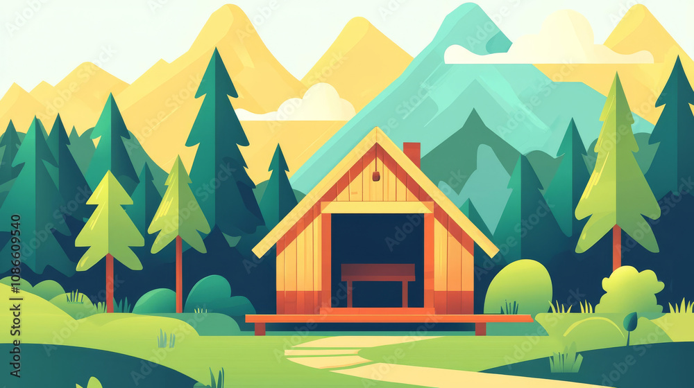 cozy wilderness shelter surrounded by tall trees and majestic mountains, creating serene and inviting atmosphere. Perfect for nature lovers and adventurers cozy wilderness shelter surrounded by tall trees and majestic mountains, creating serene and inviting atmosphere. Perfect for nature lovers and adventurers