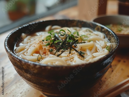 A rich bowl of udon noodles topped with green onions and seaweed, served in a rustic ceramic bowl, set against a warm, inviting backdrop.