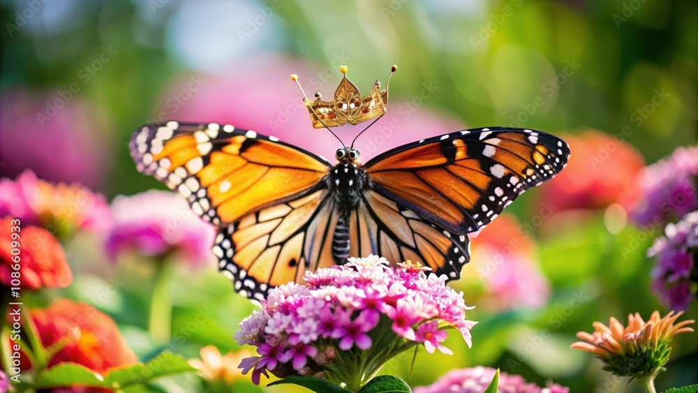 Monarch Butterfly with a Golden Crown on a Pink Flower Monarch Butterfly with a Golden Crown on a Pink Flower