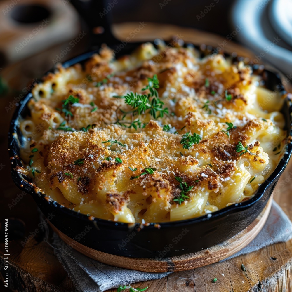 Creamy baked mac and cheese with a golden crust, garnished with parsley, served in a rustic cast iron dish. Creamy baked mac and cheese with a golden crust, garnished with parsley, served in a rustic cast iron dish.