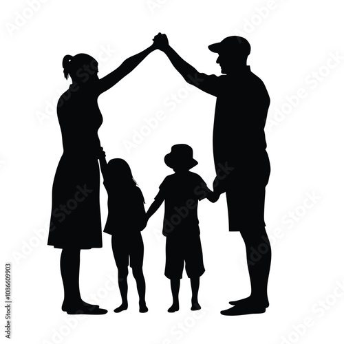 A family of four is holding hands. The father is wearing a hat. The mother is holding the hands of the two children