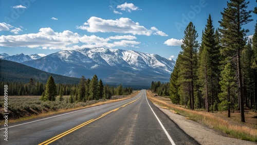 Empty stretch of asphalt road running parallel to a mountain range with a clear blue sky above and pine trees in the foreground, empty highway, natural landscape, road to nowhere