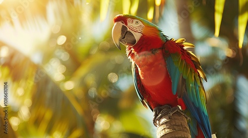 Macaw perched on a coconut tree in the Caribbean, feathers glowing in natural light, post-processed with color grading, HD wildlife photography, 8K resolution, with depth of field