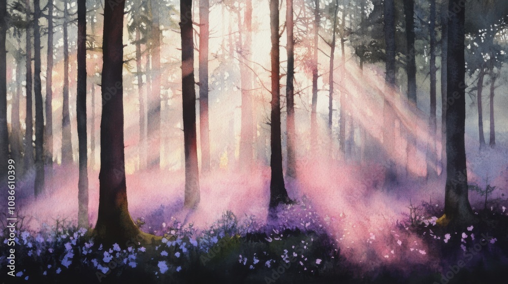 Fototapeta premium Sunlight streams through a mystical forest, illuminating a carpet of purple flowers, AI
