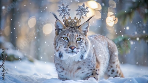 A Lynx Wearing a Golden Crown with Snowflake Ornaments in a Snowy Forest