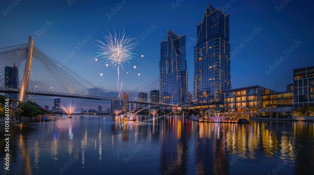 Cityscape at Night with Fireworks and Reflection Cityscape at Night with Fireworks and Reflection