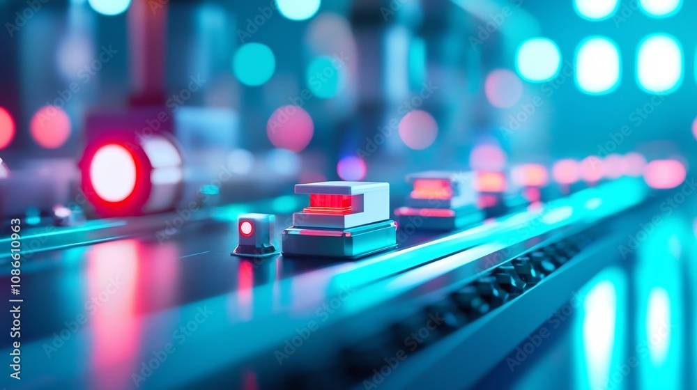 Automated 3D Assembly Line with Glowing Industrial Machinery in Modern Factory Space Automated 3D Assembly Line with Glowing Industrial Machinery in Modern Factory Space