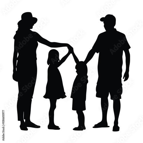 A family of four is holding hands. The father is wearing a hat. The mother is holding the hands of the two children