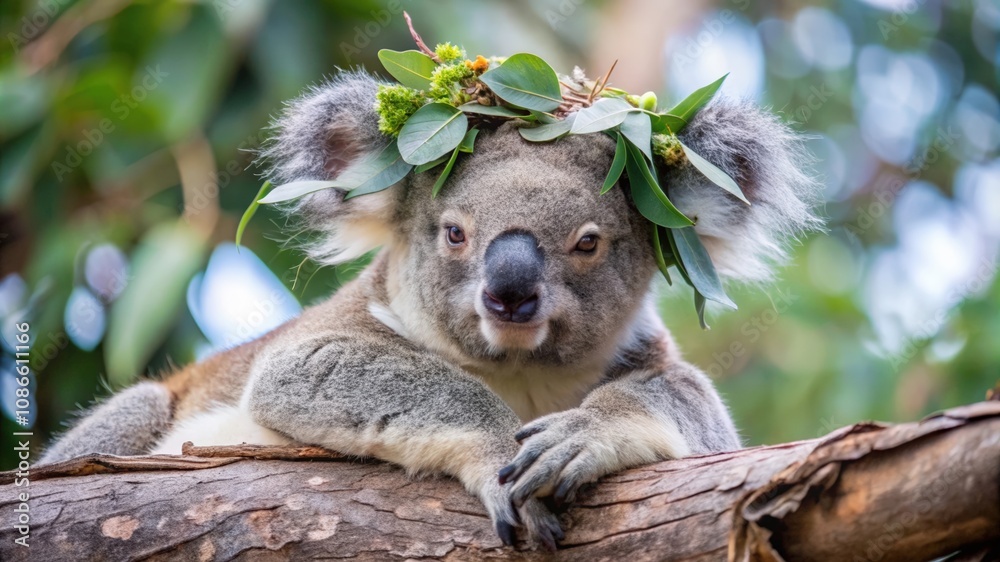 Fototapeta premium A Koala Wearing a Crown of Leaves