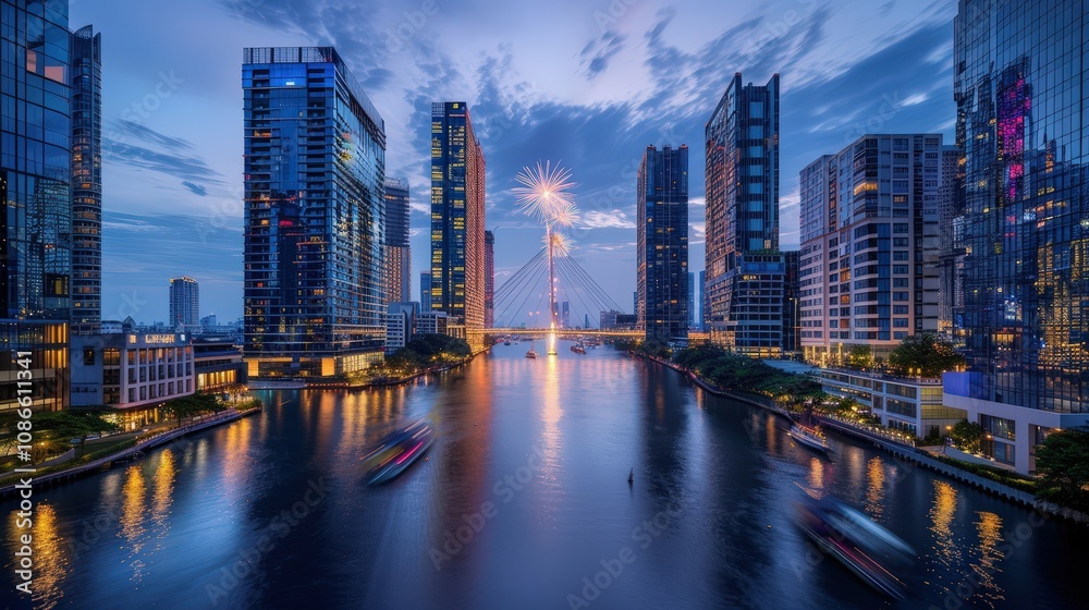 Vibrant City Skyline at Twilight with Fireworks Vibrant City Skyline at Twilight with Fireworks