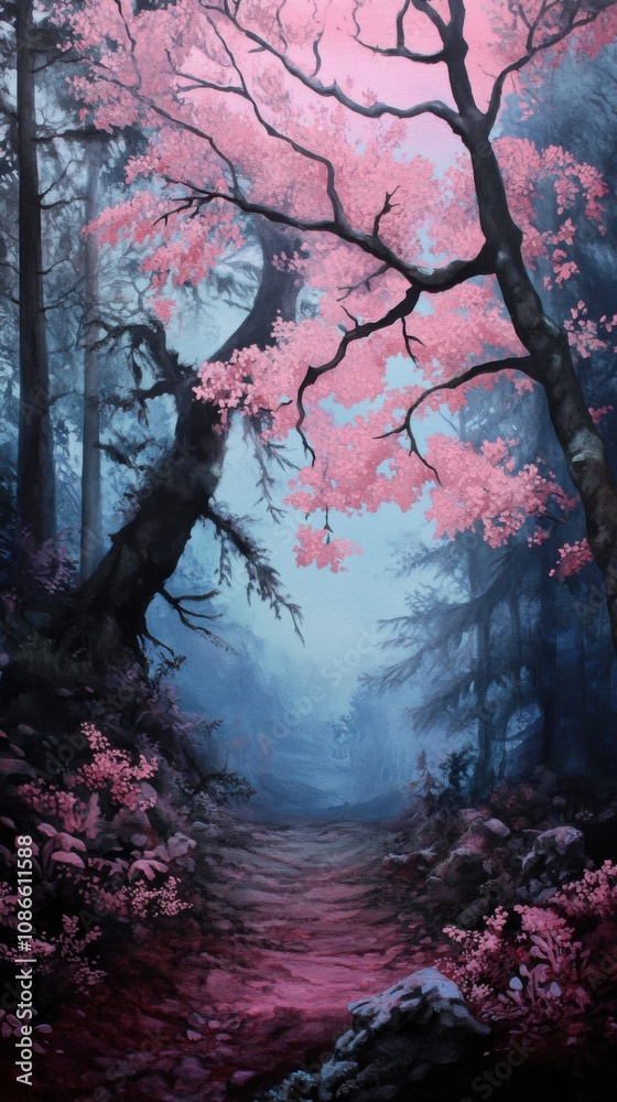 Enchanted forest path with vibrant pink blossoms and misty blue hues, AI Enchanted forest path with vibrant pink blossoms and misty blue hues, AI