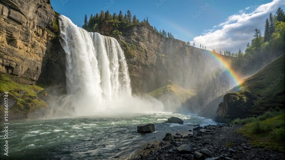 Fototapeta premium Water cascades down a rocky cliffside in a powerful waterfall, with sunlight filtering through the mist and creating a rainbow effect, mist, cliff, rainbows, outdoors, rocks