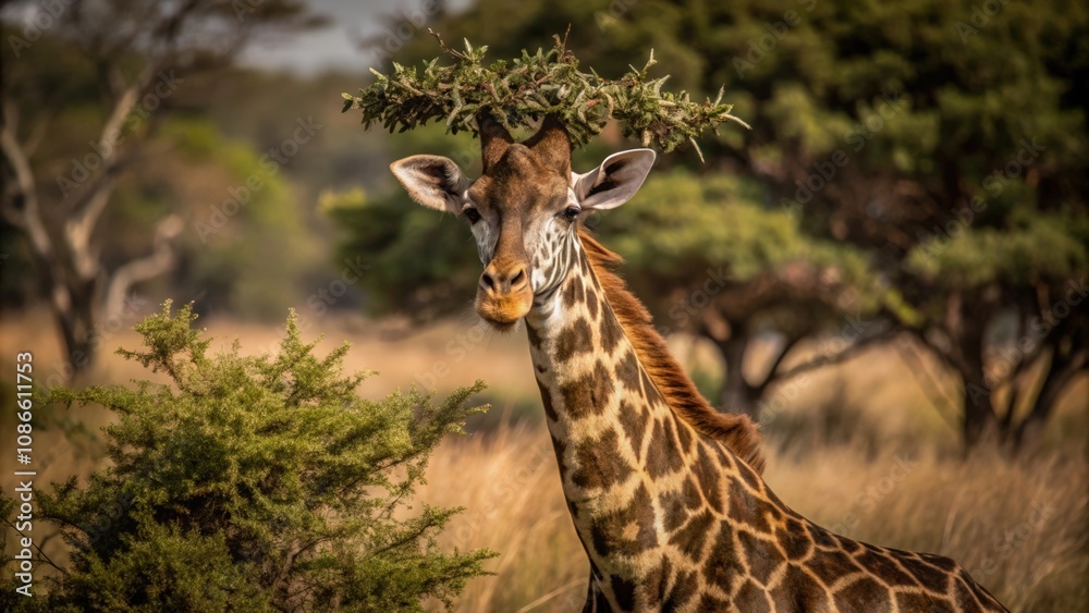 A Giraffe with a Crown of Branches A Giraffe with a Crown of Branches