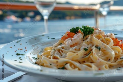 A delicious plate of fettuccine pasta with shrimp, garnished with herbs, set against a scenic waterfront view.