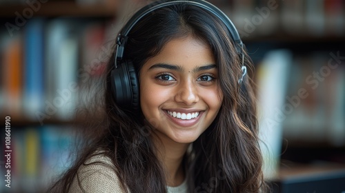 A smiling young woman wearing headphones in a library setting.